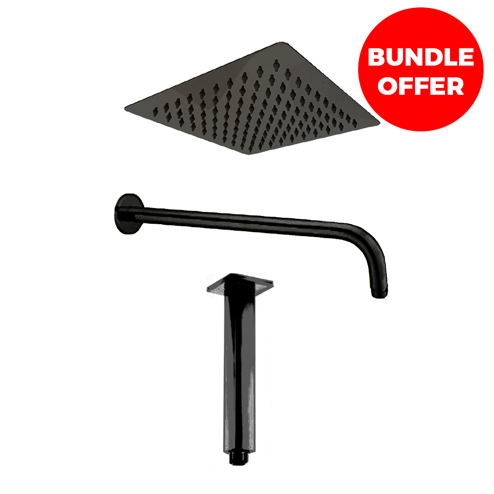 Trento Wall Mounted Shower Mixer in Black, Ceiling Arm in Black, 20cm Black Shower head Square