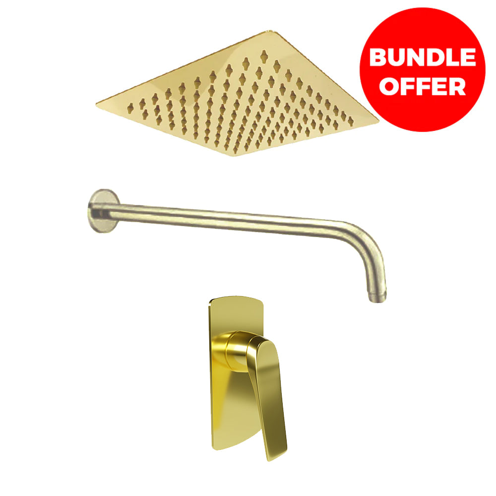 Trento Wall Mounted Shower Mixer in Brushed Gold, Shower Arm In Brushed Gold, 20CM Brushed Gold Shower Head Square