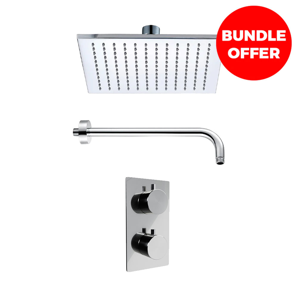 Sorentto Wall Mounted Termostatic Shower Mixer in Chrome, Arva 200mm Square Shower Head, Ceiling Shower arm in Chrome