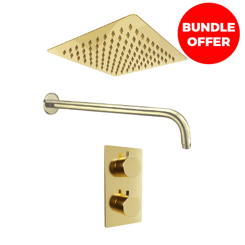 Sorrento Thermostatic Shower Mixer in Brushed Gold, 20CM Brushed Gold Shower Head Square, Ceiling Arm in Brushed Gold 30cm x 2.5cm x 2.5cm