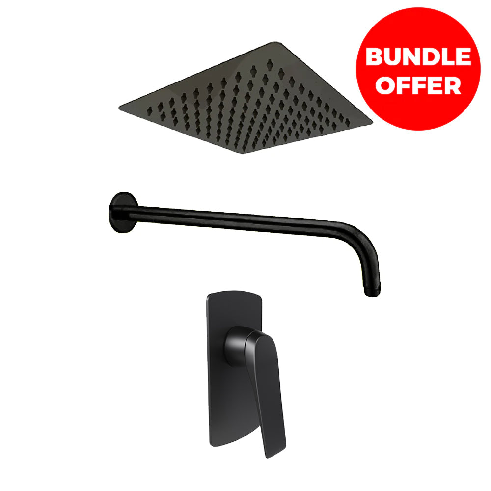 Trento Wall Mounted Shower Mixer in Black, Black Shower Arm 35cm x 22mm Wall mounted, 20cm Black Shower head Square