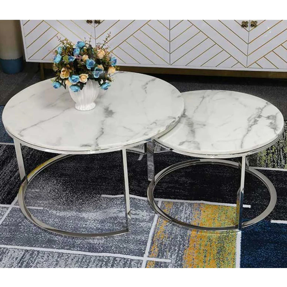Abbey Coffee Table Silver & Marble Set 55cm & 40cm