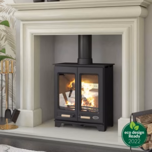 Henley Hampton 5kW twin door wood burning stove shown in a fireplace setting.