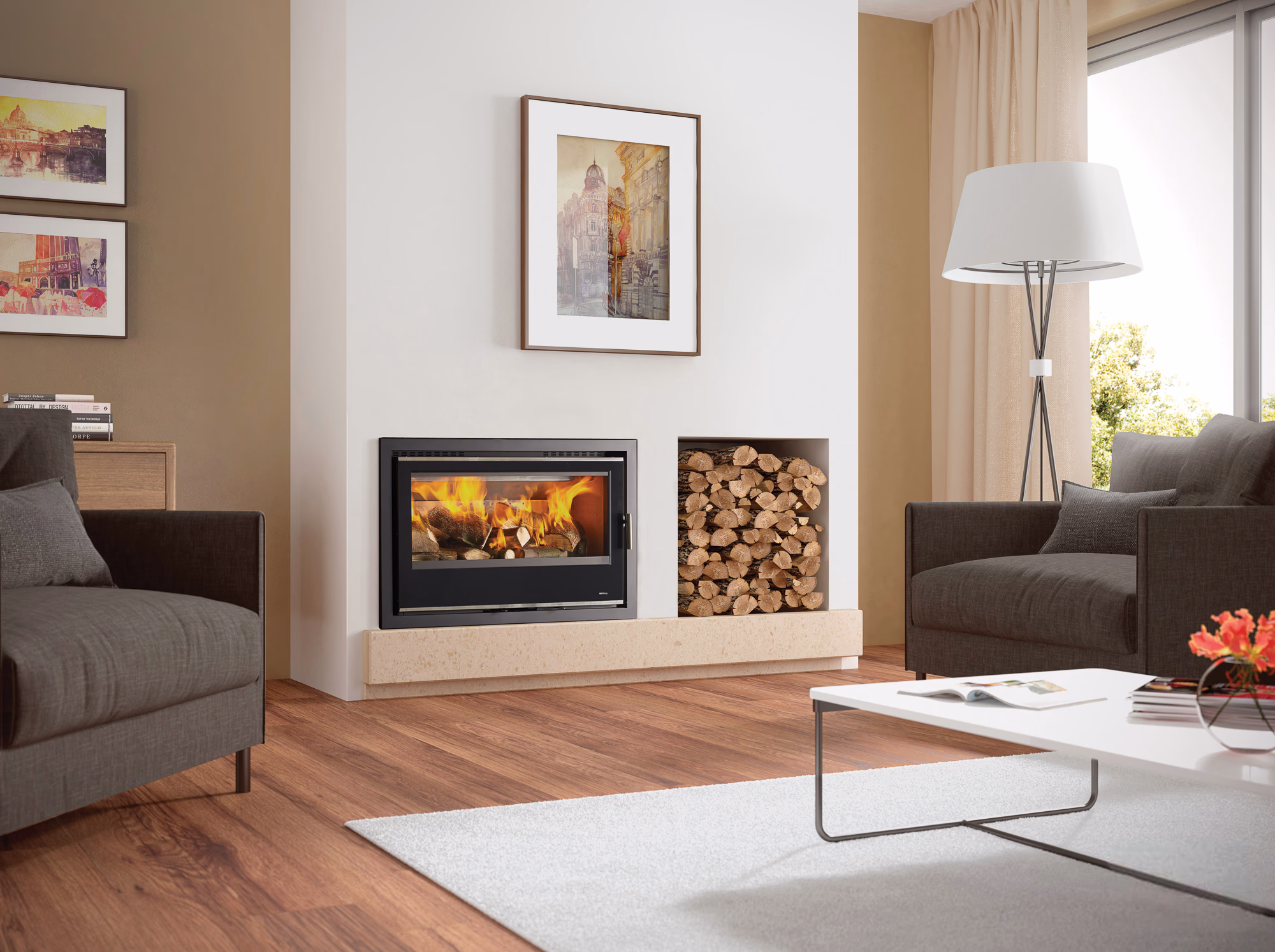 Portimao 700 7.3kW wood burning cassette stove shown in a contemporary fireplace setting.