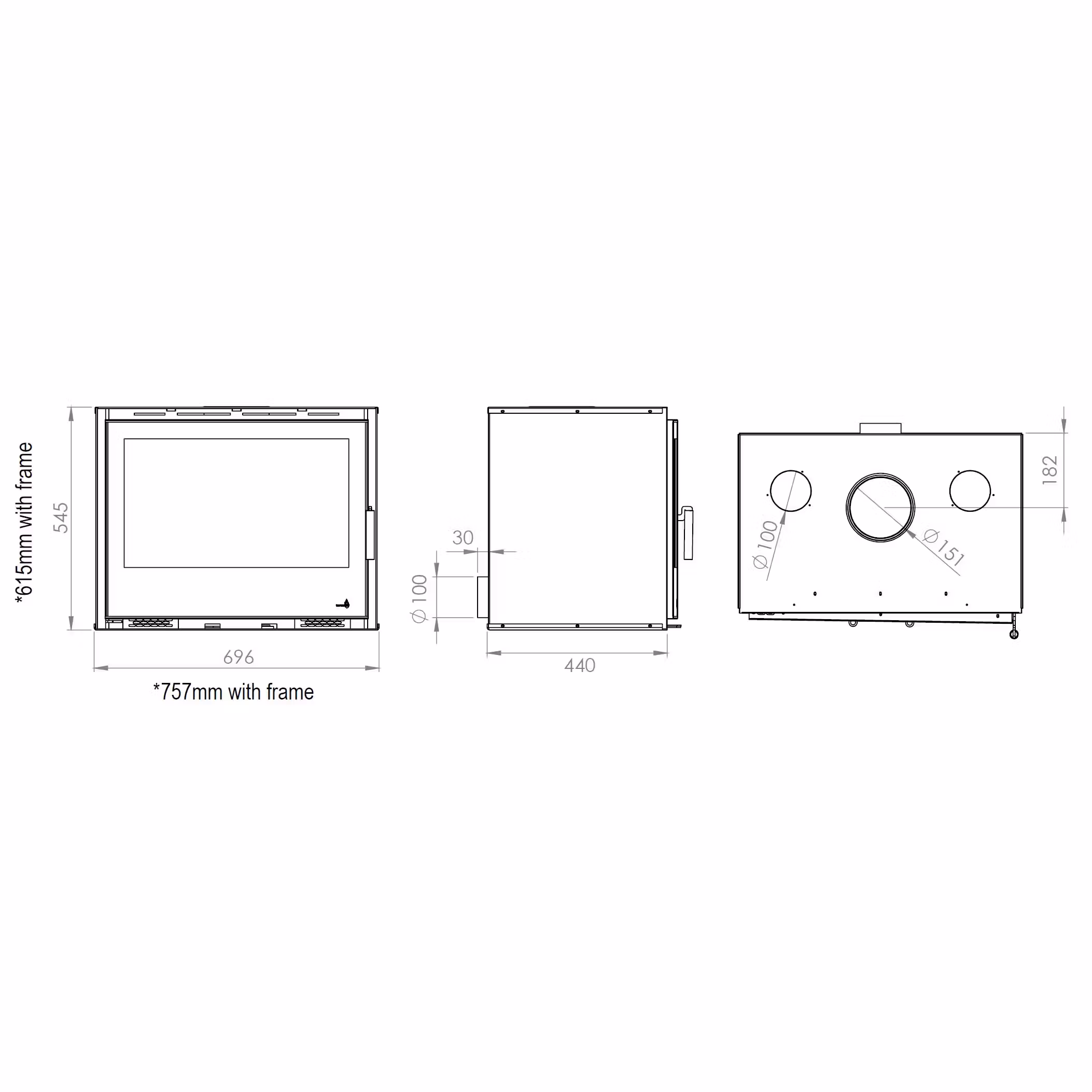 Technical dimension drawing for the Portimao 700 7.3kW wood burning cassette stove.