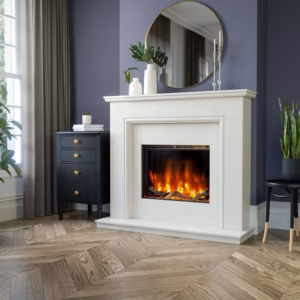 Lifestyle image showing the Eclipse 600 electric fire with the Lunas 1120 Suite in Alpine White