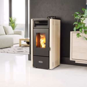 Elm 8 pellet stove shown in a contemporary interior setting