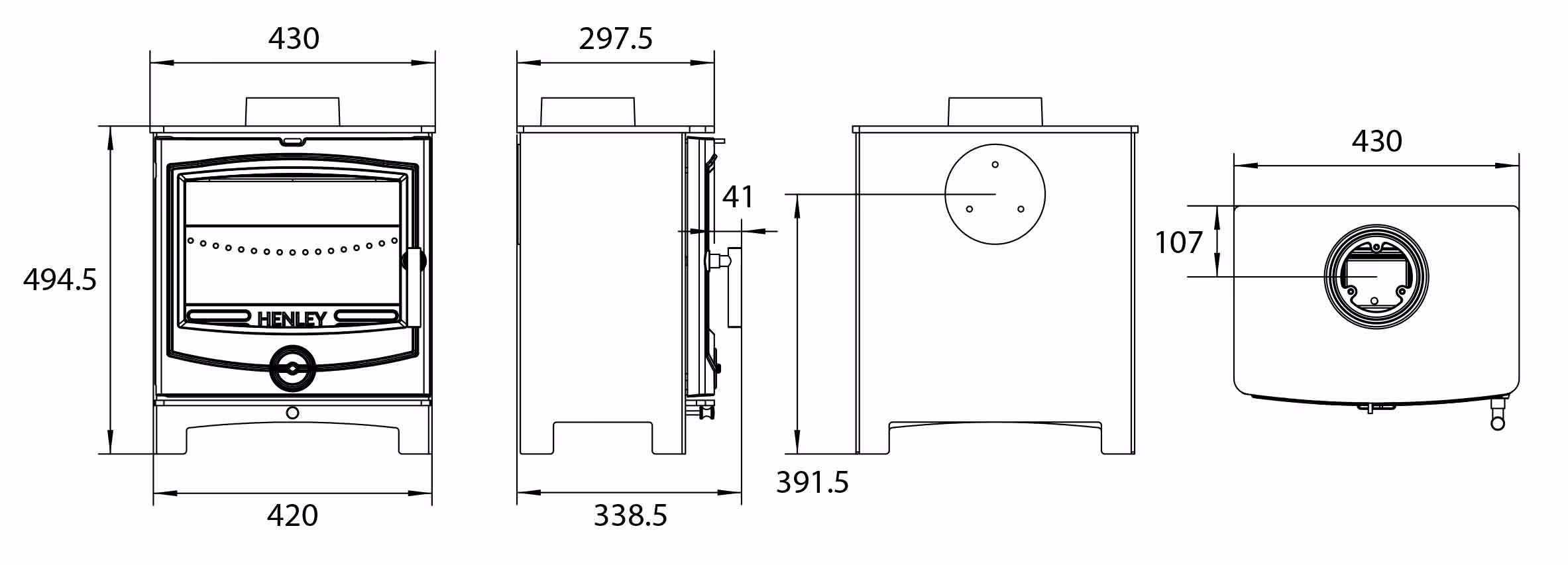 Technical drawing of the Thames 5kW multi fuel stove