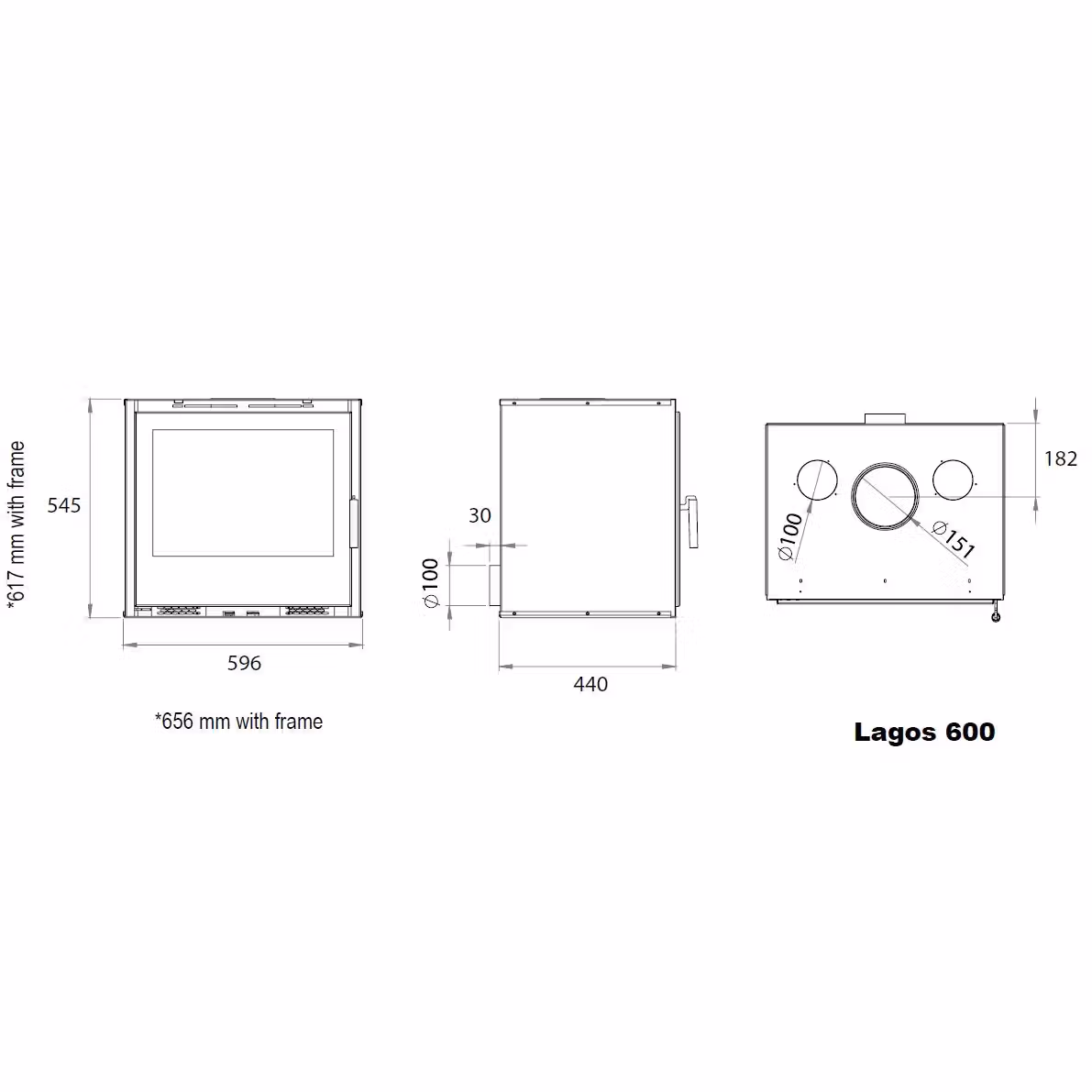 Technical dimension drawing for the Lagos 600 6.5kW wood burning cassette stove.