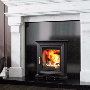 Elmwood Insert 7kW multi fuel stove with cast iron door and glass viewing window.