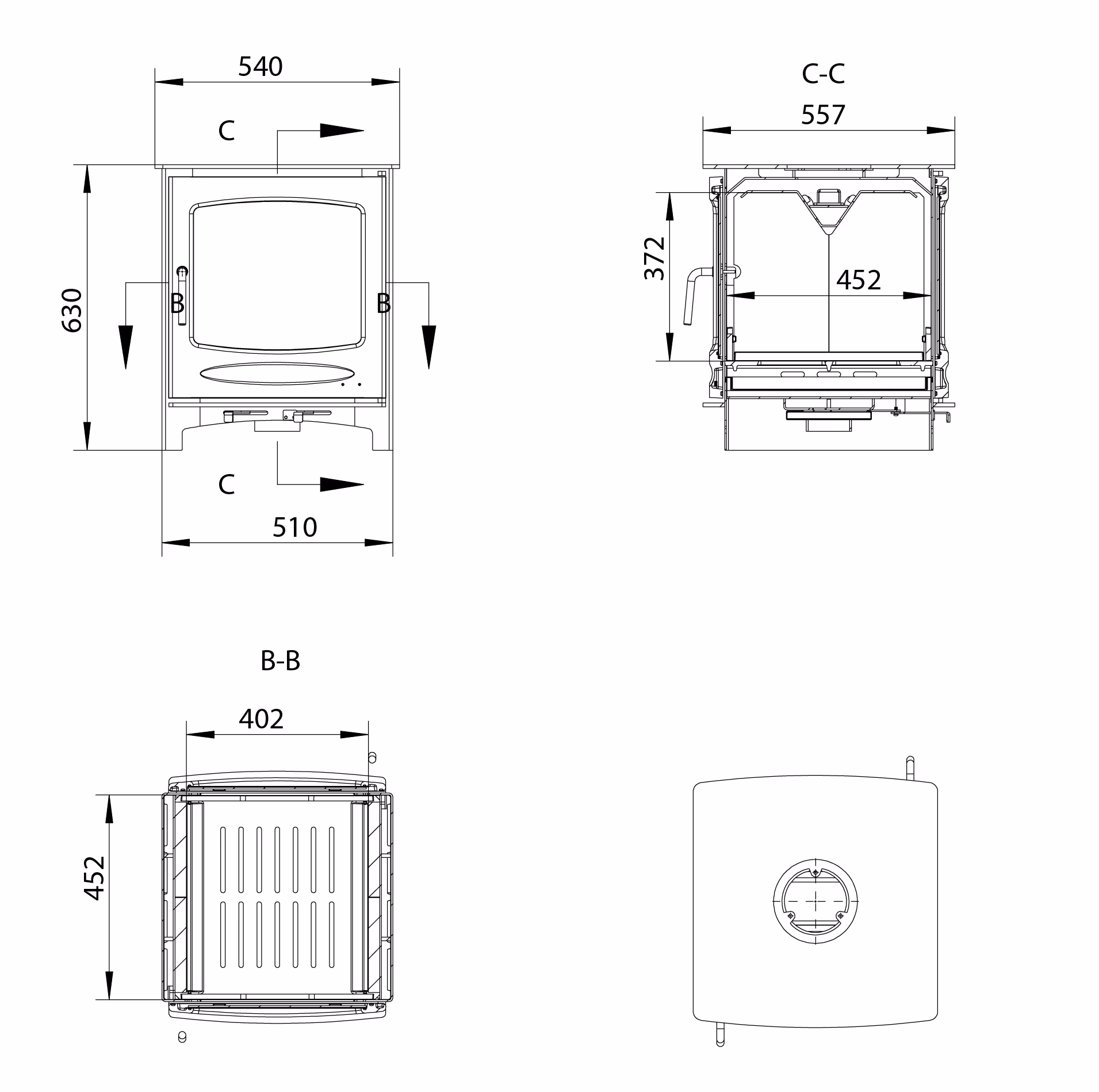 Technical drawing of the Sherwood 10kW double side multi fuel stove