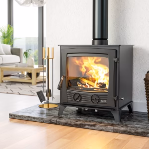 Druid 21kW boiler stove shown in a fireplace setting