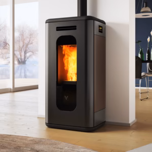 Elide freestanding pellet stove shown in a contemporary interior setting