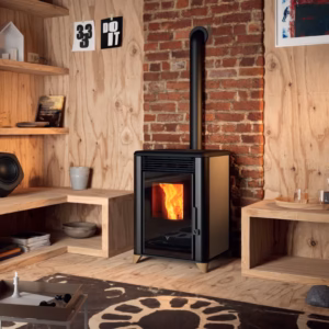 Elly 6kw freestanding pellet stove shown in a contemporary interior setting