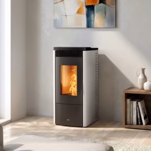 Jolly pellet stove shown in a modern interior setting.