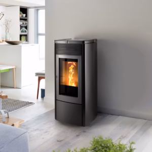 Zenith 10 Plus black pellet stove styled in a modern interior