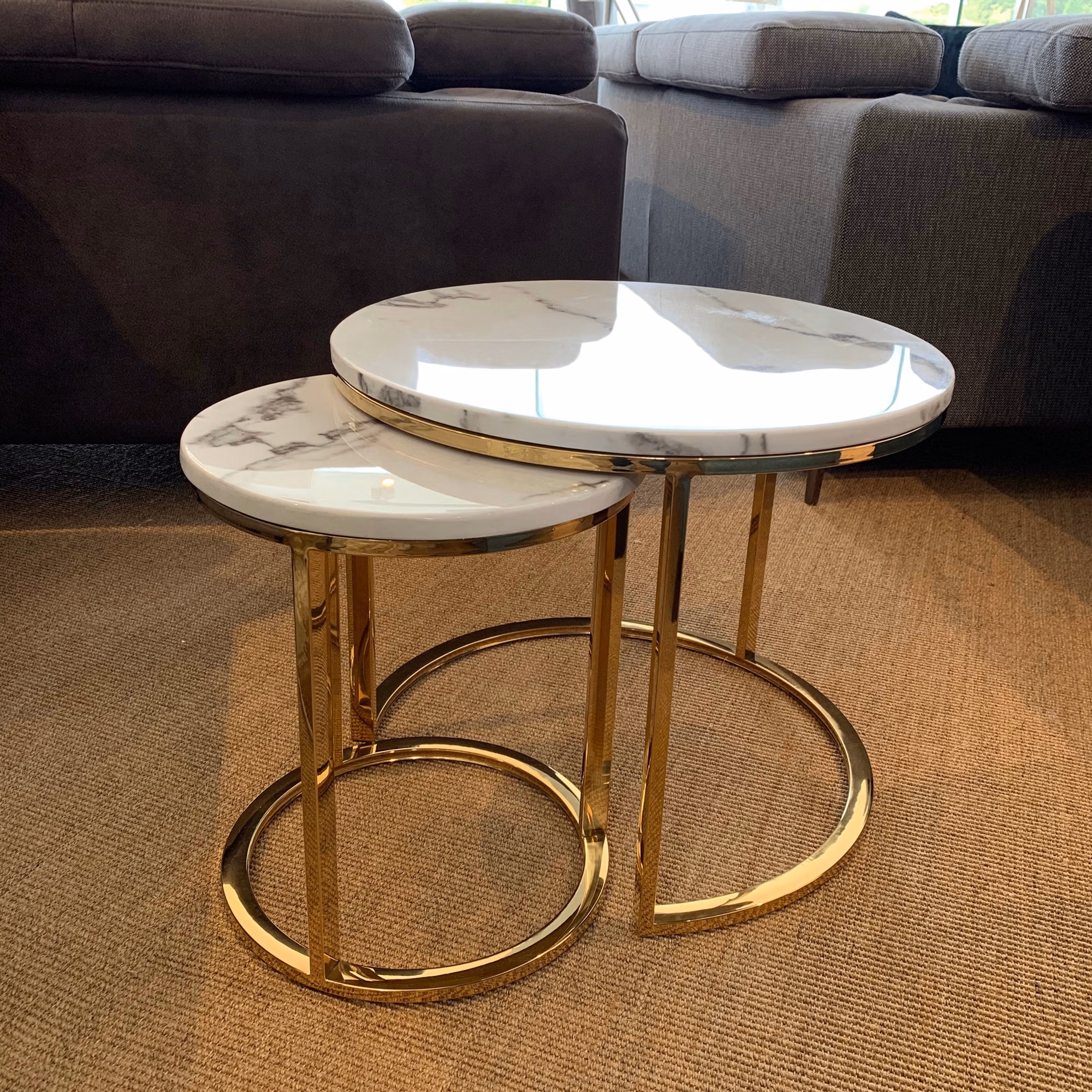 Abbey marble double coffee table set displayed in a living room setting