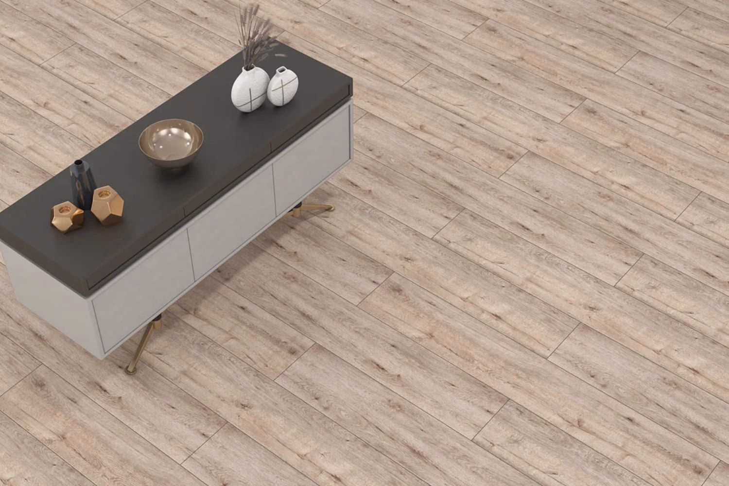 Benfica Mese Oak Aqua laminate flooring shown in a modern living room setting.