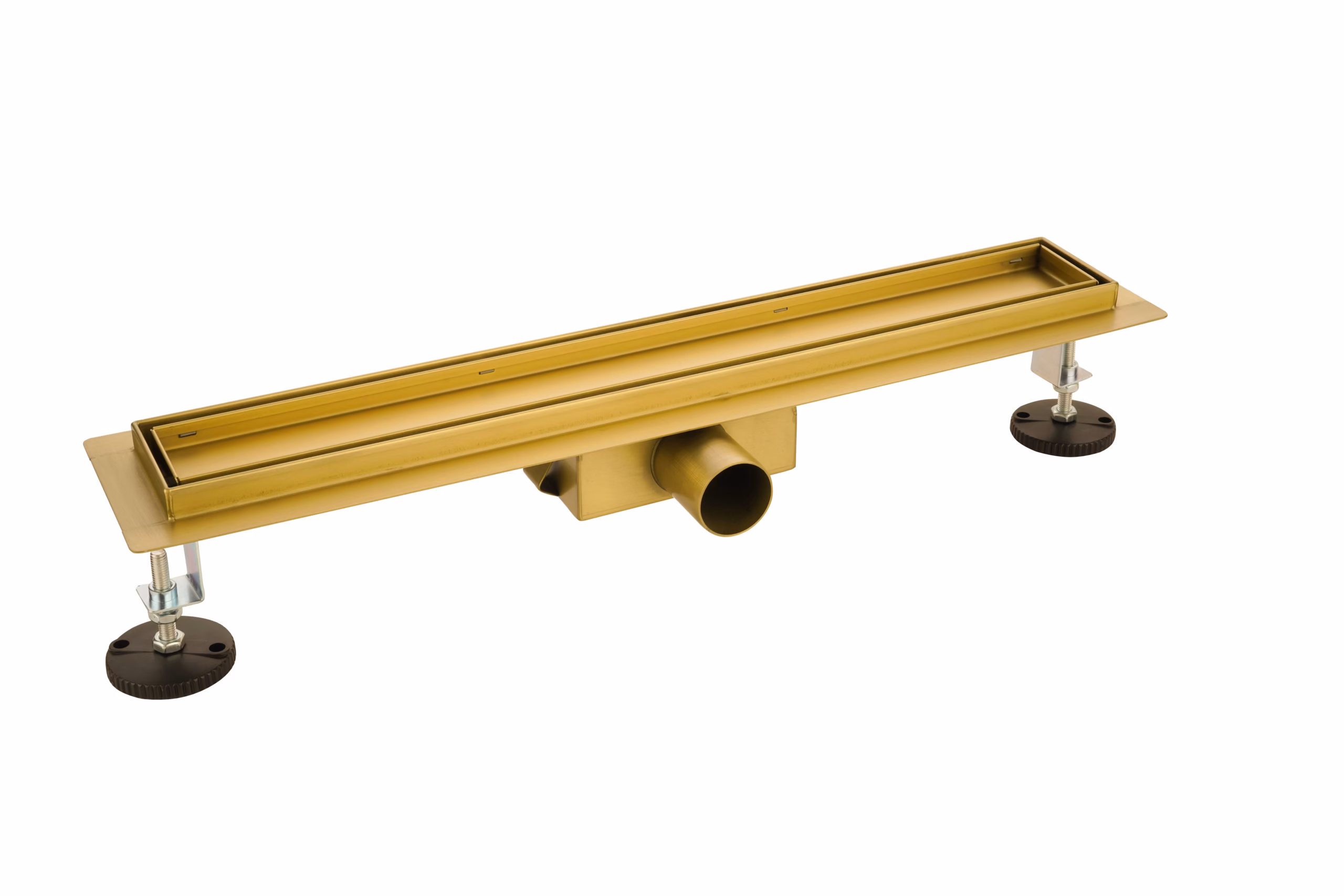 Linear brushed gold floor drain for bathroom or wetroom installation