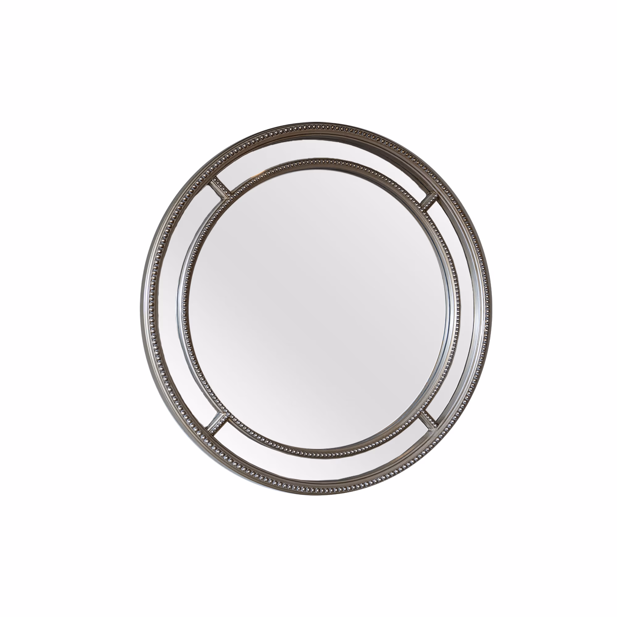Salisbury round champagne-coloured wall mirror with decorative frame.
