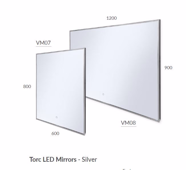 Torc silver LED mirror shown in 600x800mm and 1200x900mm size options