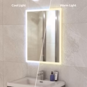 Vanity LED mirror 800 x 600 with warm and cool light adjustment above a bathroom basin