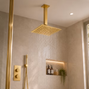 Sorrento Thermostatic Shower Mixer, Ceiling Arm in Brushed Gold